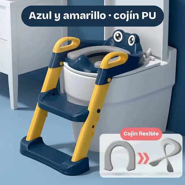 Escalera entrenadora de baño azul con amarillo con asiento de ranita