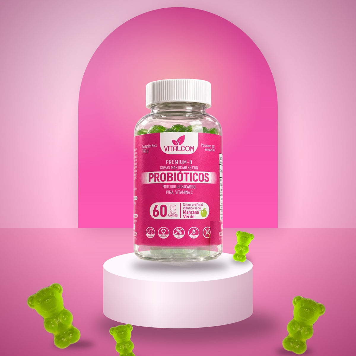Frasco de gomitas con probióticos sobre un podio rosado con gomitas de osito