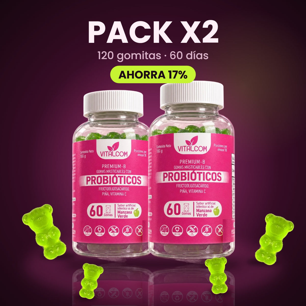 Pack x2 de gomitas con probióticos sabor manzana verde, 120 gomitas para 60 días