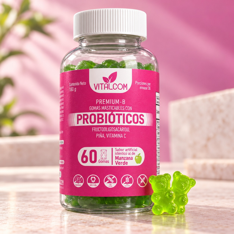 Frasco de gomitas con probióticos sabor manzana verde con dos gomitas