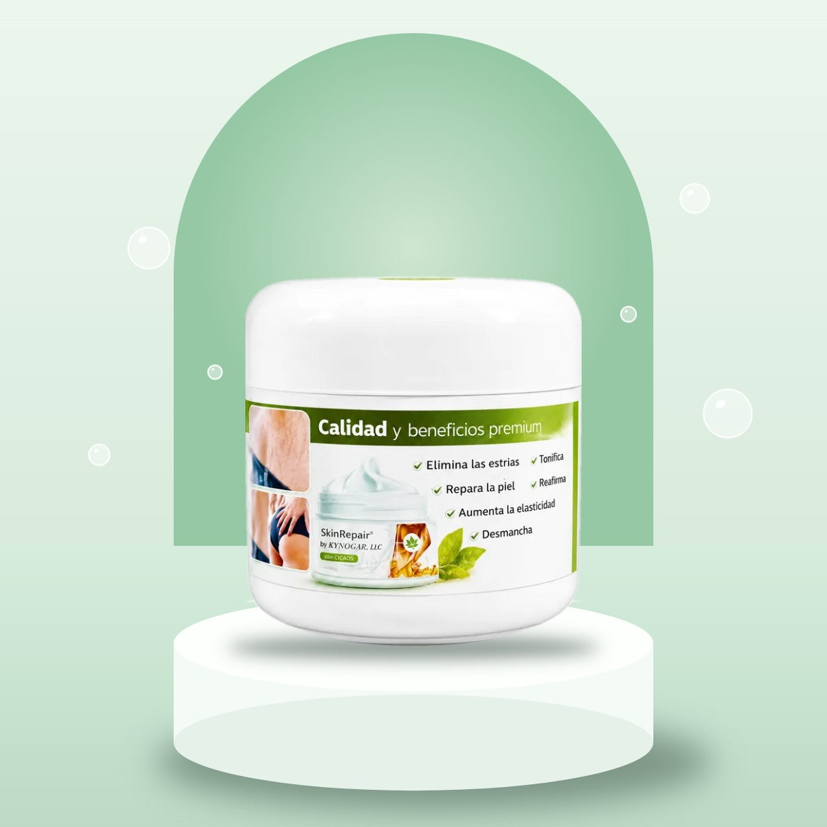 Tarro de crema corporal SkinRepair de 60 g sobre un podio menta
